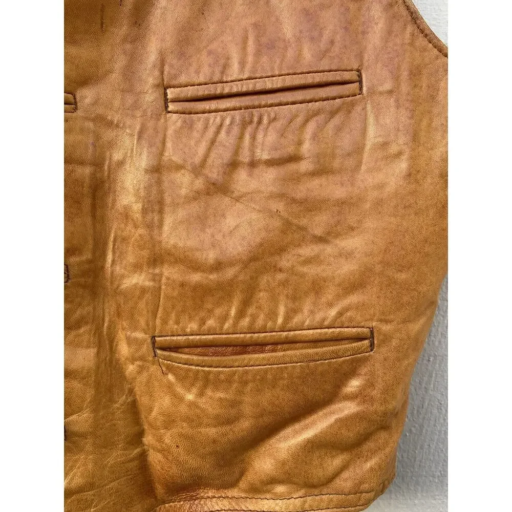 Genuine Leather Men's Vintage Button Vest Made in‎ Mexico Size 44 Tan/Brown